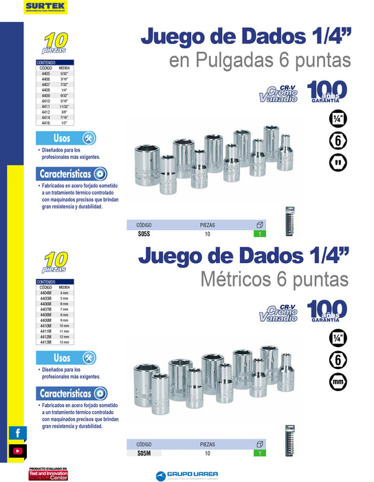 Juego de dados cuadro de 1/4", 6 puntas, métricos, 10 piezas Surtek