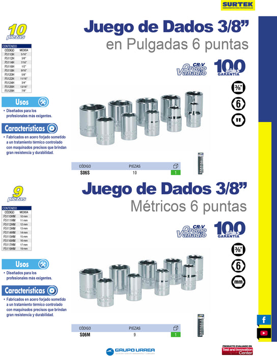 Juego de dados cuadro de 3/8" 6 puntas, métricos, 9 piezas Surtek