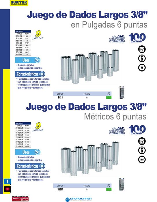 Juego de dados largos cuadro de 3/8", 6 puntas, métricos, 9 piezas Surtek