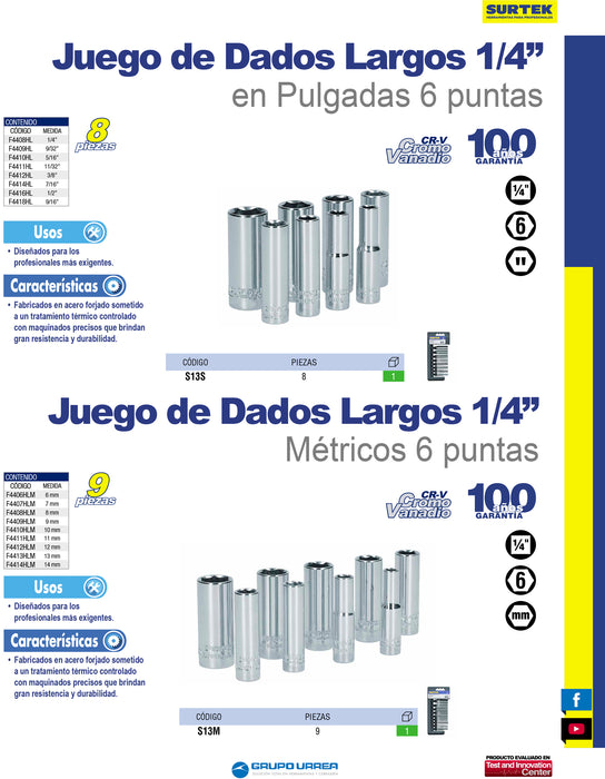 Juego de dados largos cuadro de 1/4", 6 puntas, en pulgadas, 8 piezas Surtek