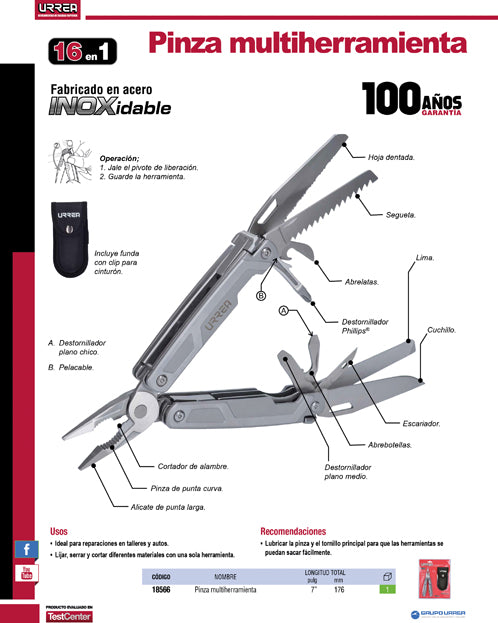 Pinza multiherramienta 16 en 1 de 7" Urrea