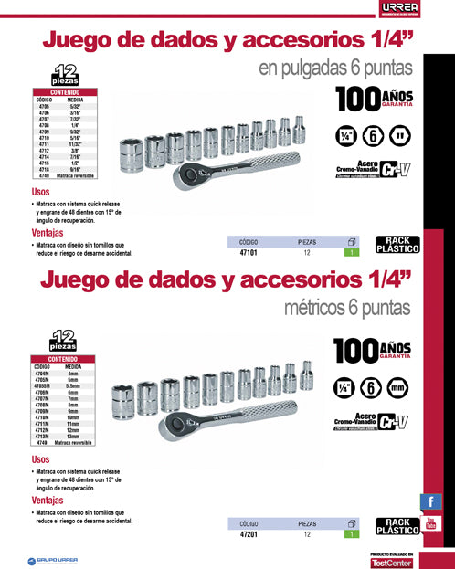 Juego de dados y accesorios cuadro de 1/4" métrico, 12 piezas Urrea