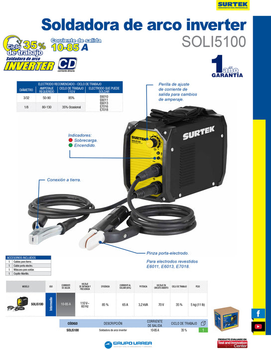Soldadora inverter para electrodos de 1 fase 110 V, 100 A Surtek