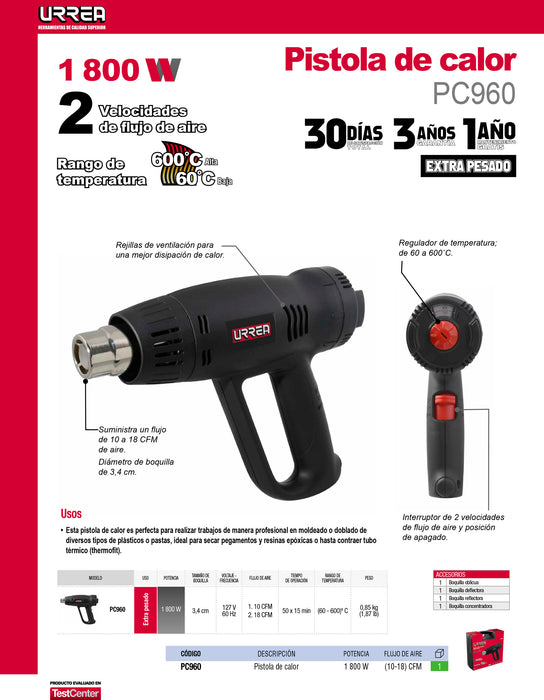 Pistola de calor 60°C a 600°C 1800 W 120 V con sensor contra sobrecalentamiento Urrea