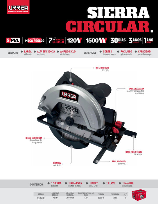 Sierra circular 7-1/4" 1,500 W 120 V, 5,000 RPM Urrea