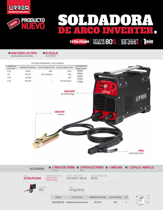 Soldadora inverter para electrodos de 1 fase 110 - 220 V, 200 A Urrea