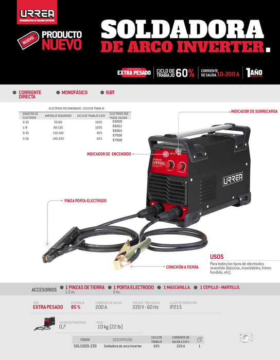 Soldadora inverter para electrodos de 1 fase 220 V, 200 A Urrea