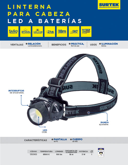 Linterna de LED para cabeza a baterías 3 pilas "AAA" de 100 lm Surtek
