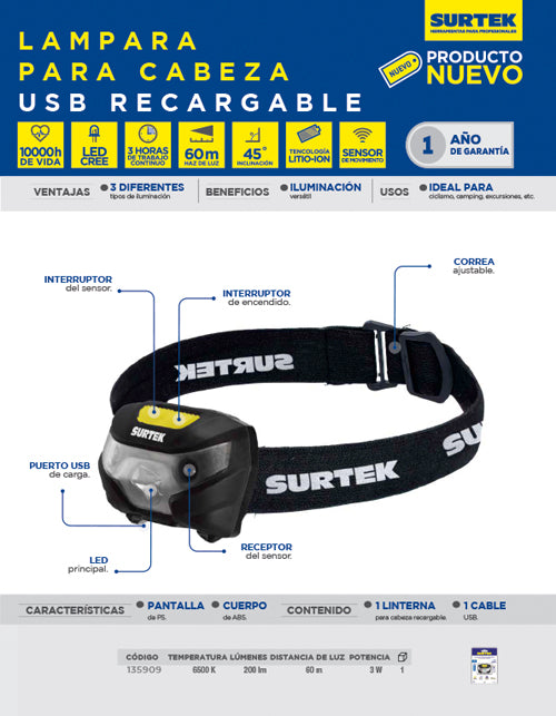 Linterna de LED para cabeza recargable de 200 lm Surtek