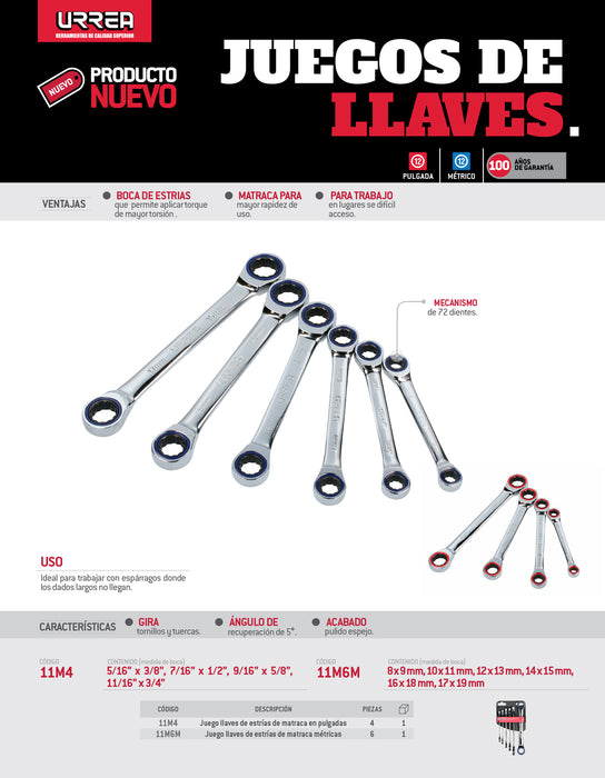 Juego de llaves de estrías pulido espejo con matraca métricas, 12 puntas, 6 pz en rack Urrea