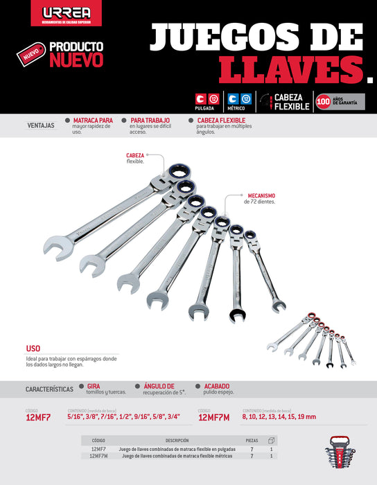 Juego de llaves combinadas pulido espejo de matraca flex en pulg, 12 puntas,7 pz en rack Urrea