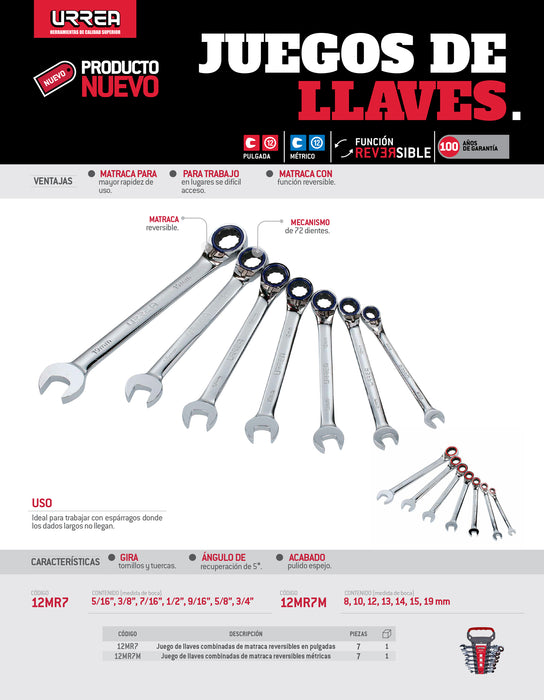 Juego de llaves combinadas pulido espejo de matraca rev mét, 12 puntas,7 pz en rack Urrea