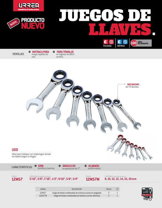 Juego de llaves combinadas ctas pulido espejo de matraca en pulg, 12 puntas,7 pz en rack Urrea