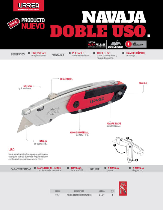 Navaja utilitaria abatible con doble función de 6-1/2" Urrea