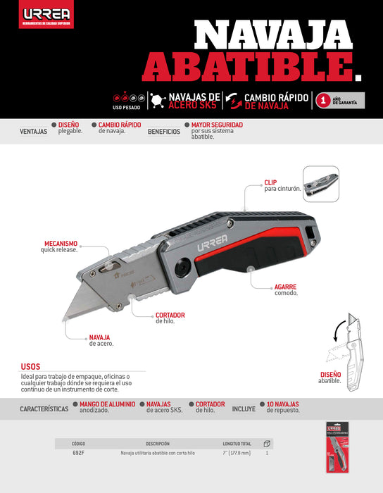 Navaja utilitaria abatible con corta hilo de 7" Urrea