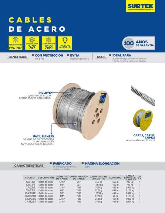Cable de acero con guardacabo recubrimiento PVC negro 1/4" x 76 m construcción de 7 x 19 Surtek