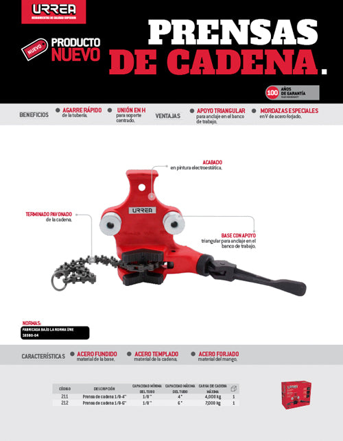Prensa de cadena para tubos de 1/8" a  6" Urrea