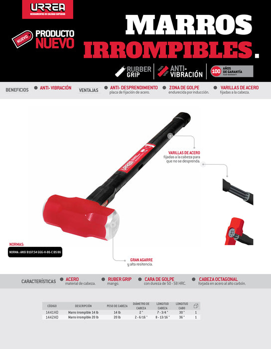 Marro irrompible con mango Rubber grip anti-vibración de 36", 20 lb Urrea