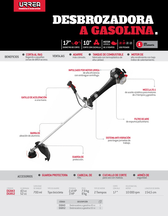 Desbrozadora a gasolina recta 17.0" 52 cc Urrea