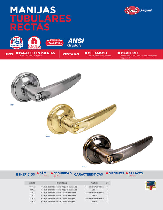 Manija tubular recta función baño, níquel satinado, llave estándar, blíster Lock