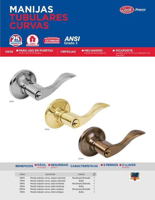 Manija tubular curva función baño, latón antiguo, llave estándar, blíster. Lock