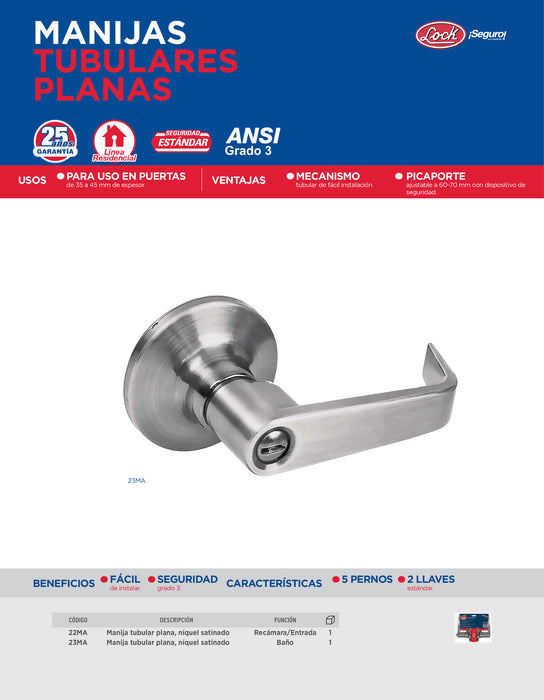 Manija tubular plana función entrada y recámara, níquel satinado, llave estándar, blíster Lock