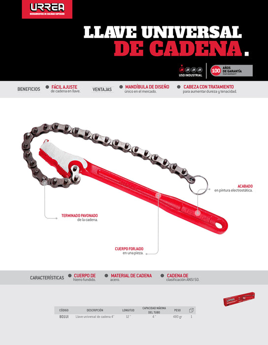 Llave universal de cadena reversible para tubos de 4" Urrea