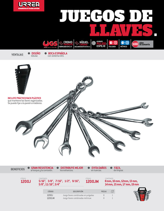 Juego de llaves combinadas pulido espejo en pulgadas, 12 puntas, 8 pz en rack Urrea