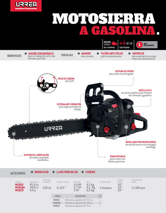 Motosierra a gasolina 18", 49.8 cc Urrea
