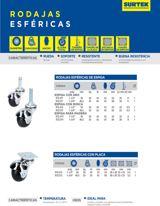 Rodaja esférica de espiga para madera 40 mm Surtek