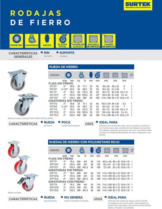 Rodaja de fierro con poliuretano rojo giratoria con freno 6" Surtek