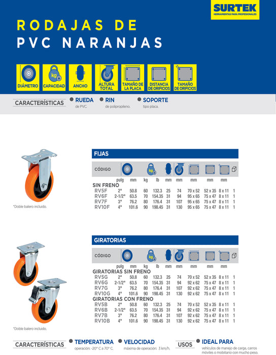 Rodaja de PVC naranja giratoria con freno 3" Surtek