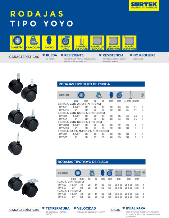 Rodaja tipo yoyo de espiga para madera 50 mm Surtek