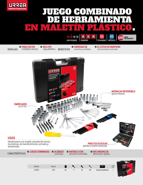 Juego combinado de herramienta 170 piezas, con maletín plástico Urrea