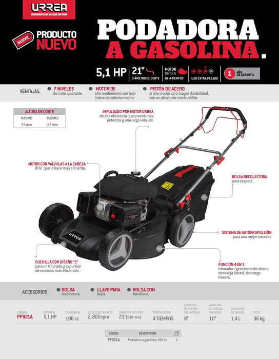 Podadora a gasolina con autopropulsión 21" 196 cc Urrea