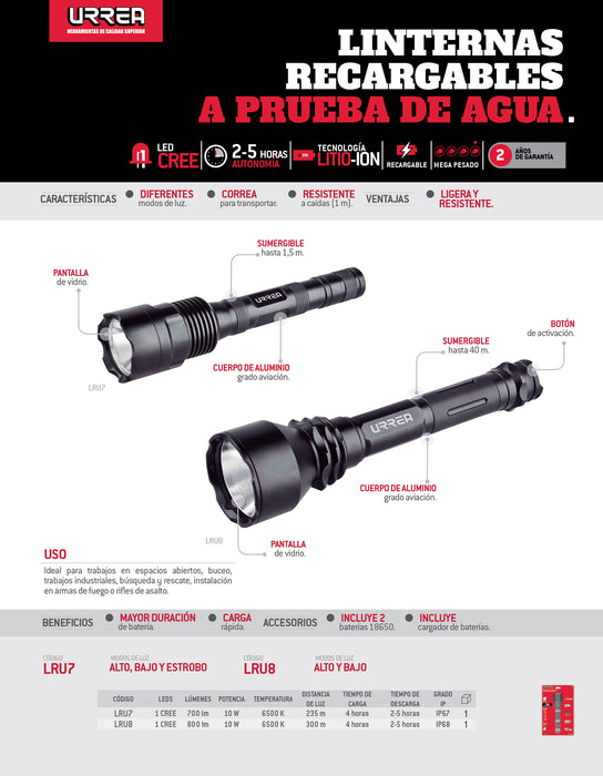 Linterna de LED a prueba de agua recargable de 700 lm Urrea