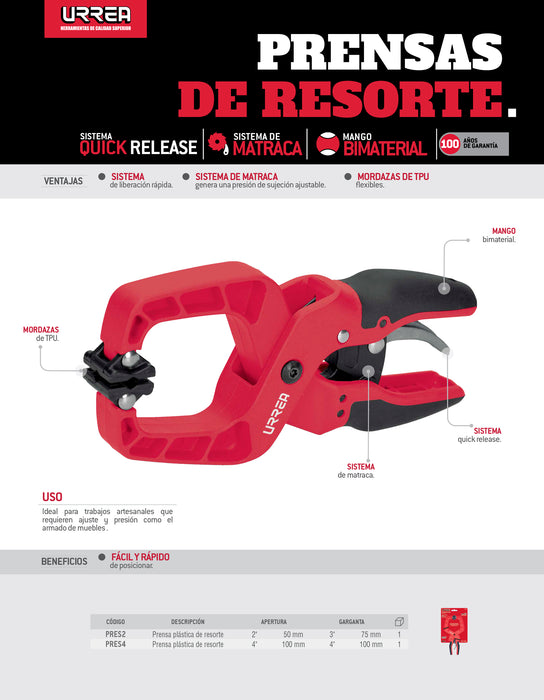 Prensa plástica de resorte 4", Quick Release Urrea