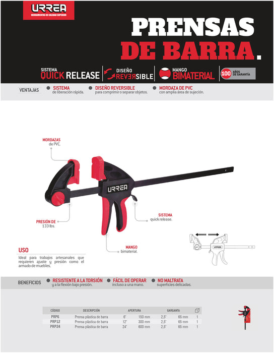 Prensa plástica de barra de 24" Quick Release Urrea