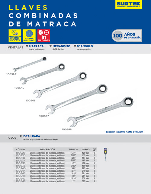 Llave combinada pulido espejo de matraca en pulgadas, 12 puntas, 1/4" Surtek