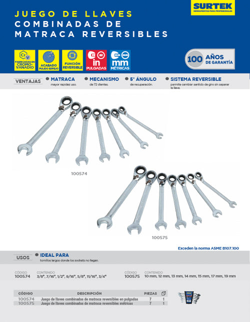 Juego de llaves combinadas pulido espejo de matraca rev en pulg, 12 puntas,7 pz en rack Surtek