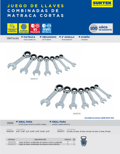 Juego de llaves combinadas cortas pulido espejo de matraca mét, 12 puntas,7 pz en rack Surtek