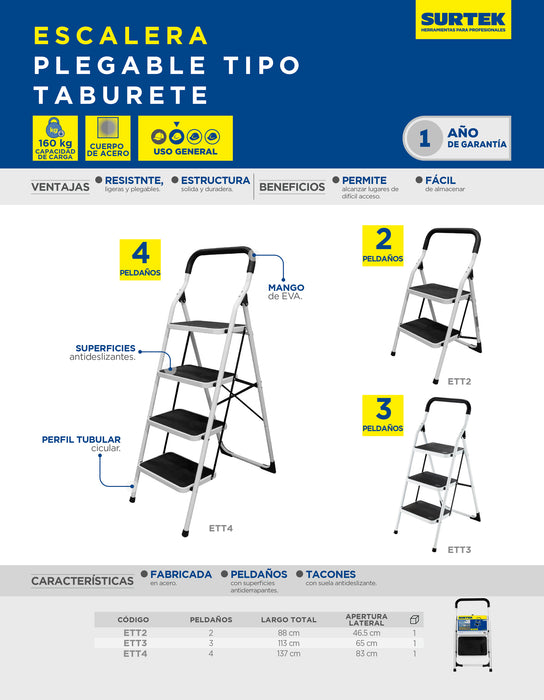 Escalera plegables tipo taburete de acero con 3 peldaños Surtek