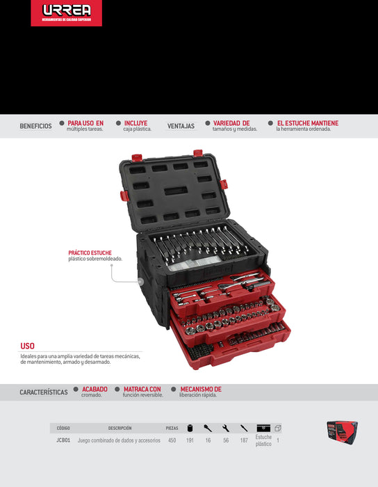 Juego combinado de herramienta para mecánico 450 piezas, con caja plástica de 3 gavetas Urrea