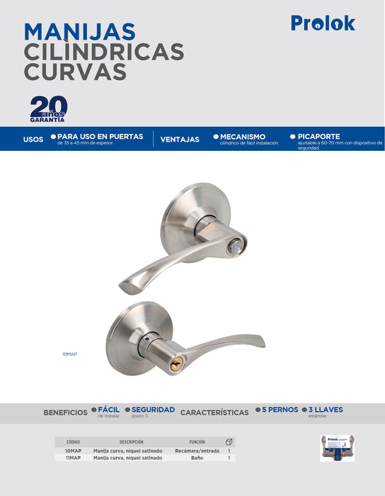 Manija cilíndrica curva función baño, níquel satinado, llave estándar, blíster Prolok