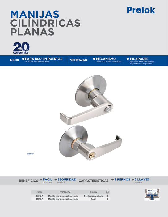 Manija cilíndrica plana función baño, níquel satinado, llave estándar, blíster Prolok