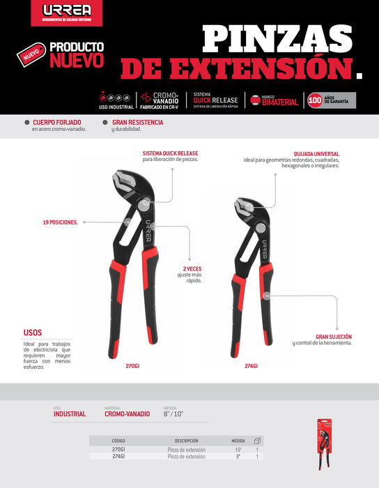 Pinza de extensión 19 posiciones de 10" Quick Release Urrea