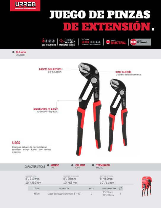 Juego de pinzas de extensión con mango bimaterial, Quick Release, 2 piezas Urrea