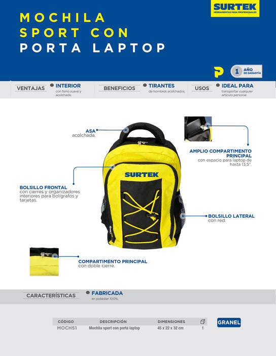 Mochila Sport con tirantes acolchonados 45 x 22 x 32 cm Surtek