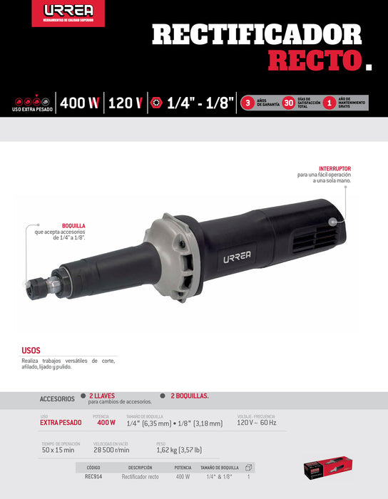 Rectificador recto 1/8" y 1/4" 400 W 120 V, 28,500 RPM Urrea