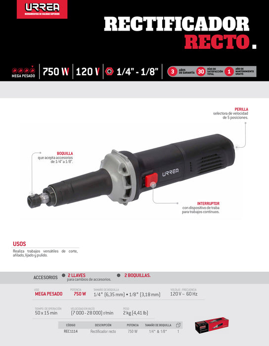 Rectificador recto 1/8" y  1/4" 750 W 120 V, 7000 - 28,000 RPM Urrea